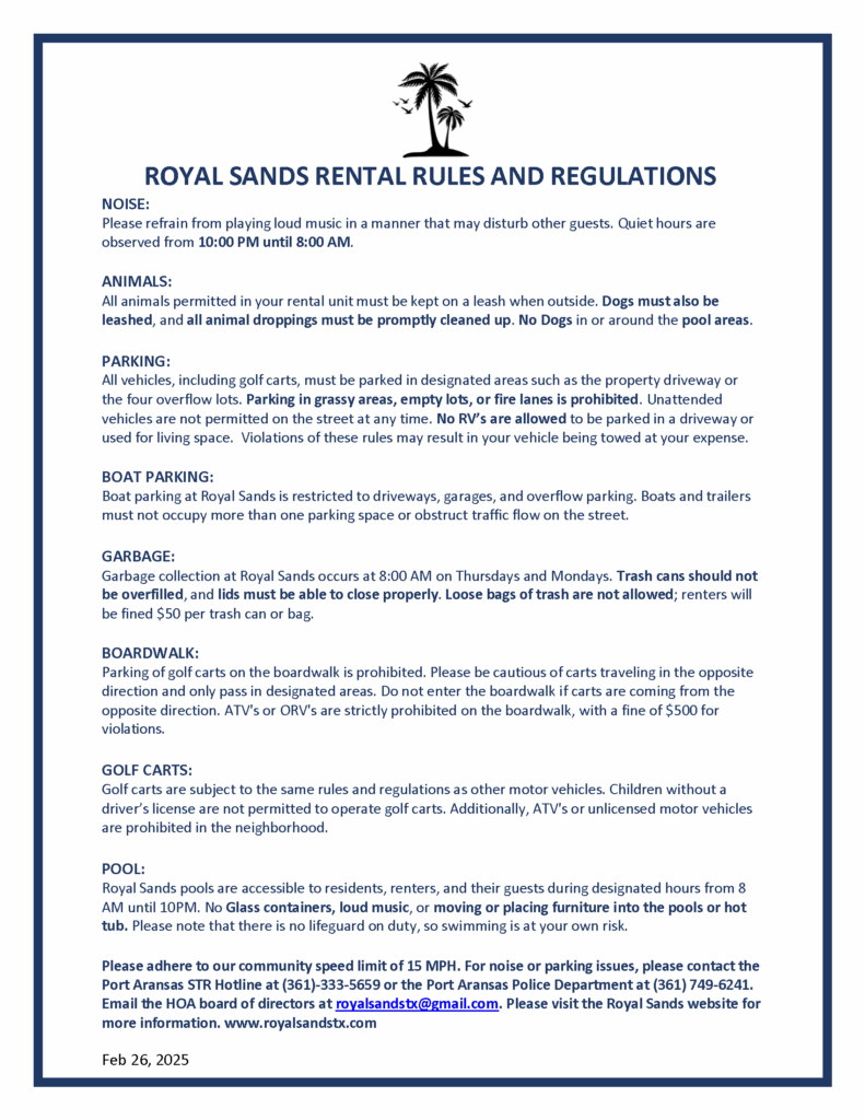 Royal Sands Rental Rules and Regulations