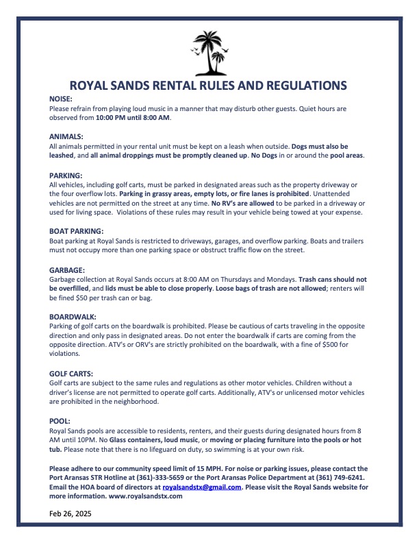 Royal Sands Community Rules Port Aransas